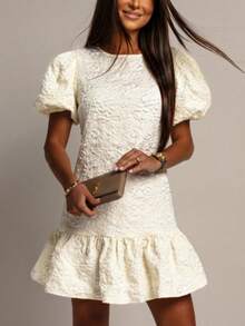 Women's White Short Dress Suitable For Parties, With Puff Sleeves, Round Neck And Ruffle Hem Design, Unique Fabric Texture Summer Elegant - White - View 3