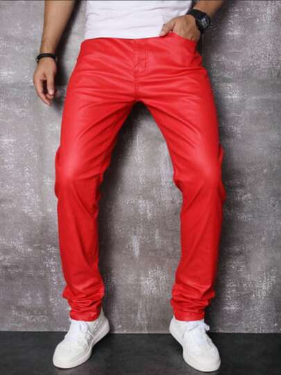Men's coated black slim fit denim casual pants coated red casual pants