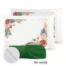 Jogo de Lençol 03 Peças Luxo 400 Fios Cama Casal 400 Fios Micropercal- Folhagens - Floral - RS BRANCO - VERDE MUSGO - Visão 1