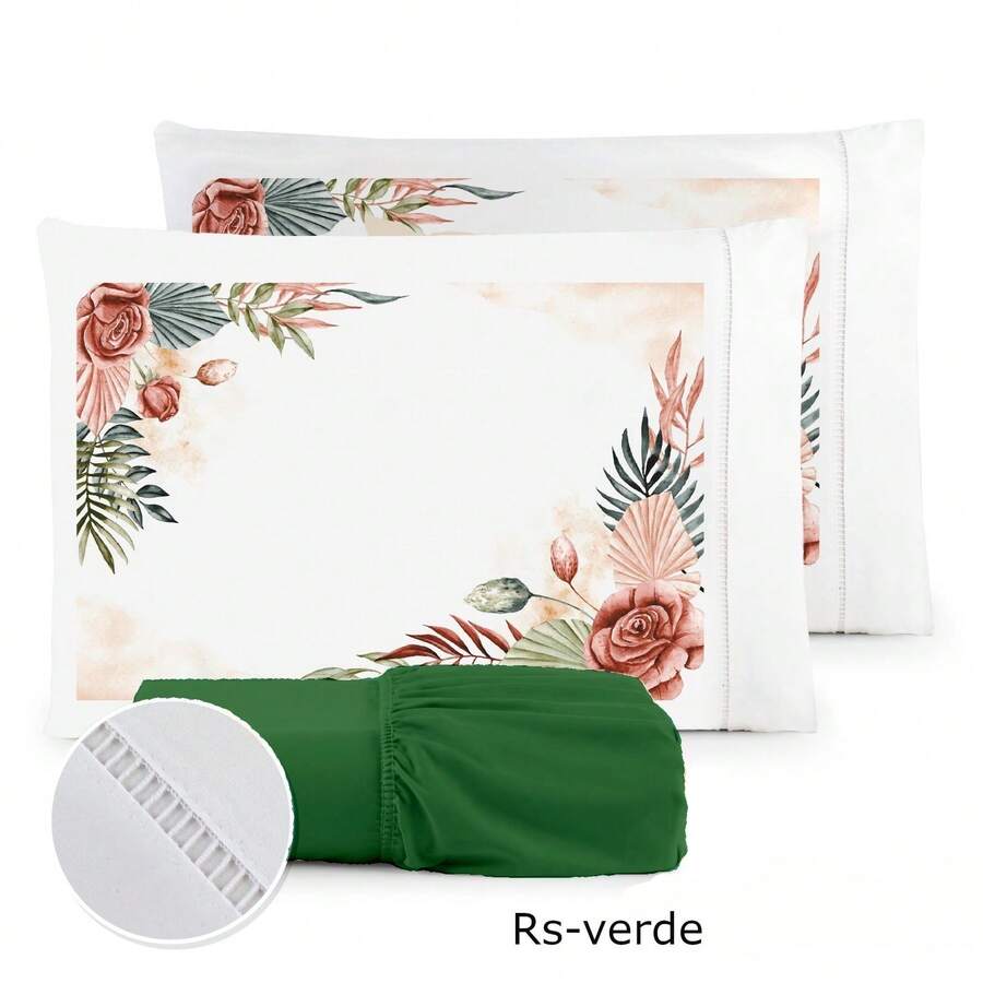Jogo de Lençol 03 Peças Luxo 400 Fios Cama Casal 400 Fios Micropercal- Folhagens - Floral - RS BRANCO - VERDE MUSGO - Visão 1
