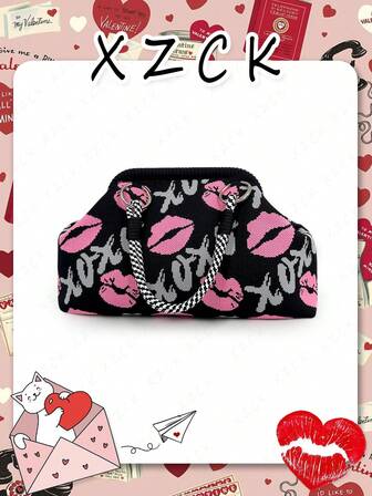 XZCK [Moderat nytt hjärta för alla hjärtans dag, kuvertväska med läppmönster, avtagbar kuvertväska med vävt rephandtag och metallring, festväska för kvinnor, lämplig för fest, bankett, högtidssammankomst, alla hjärtans dag-present, present till vänner]