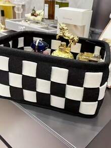 1pc/3pcs Black & White Plaid Storage Basket, Vanity Organizer Bin, Felt Catchall Basket, Multifunctional Desktop Storage Box, Suitable For Storing Cosmetics, Snacks, Toys And Bedroom Items, Desktop Organizer Basket - Black and White Grid - View 9