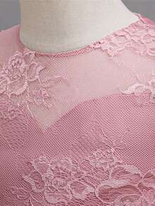 蕾丝长袖刺绣网纱优雅日间派对连衣裙，适合年轻女孩，不含头饰 - 藕粉色 - 查看 6