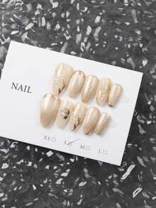 10pcs Handmade Press-On Nails, Medium Coffin-Shaped Apricot Color, Y2K Style, Soft Vintage Elegant, Affordable, Luxury Cat Eye Gold Flower Nail Art, Suitable For Women And Girls, For Autumn/Winter Party And Daily Wear Nail Supplies Handmade Press On Nails - Apricot - View 3