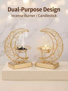 金色新月星形金属香炉，月亮造型香炉装饰烛台，适用于餐桌，时尚家居装饰烛台，香炉，优雅香薰扩散器，无烟香氛架，适用于客厅、卧室、瑜伽室、冥想空间 - 金色 - 查看 3