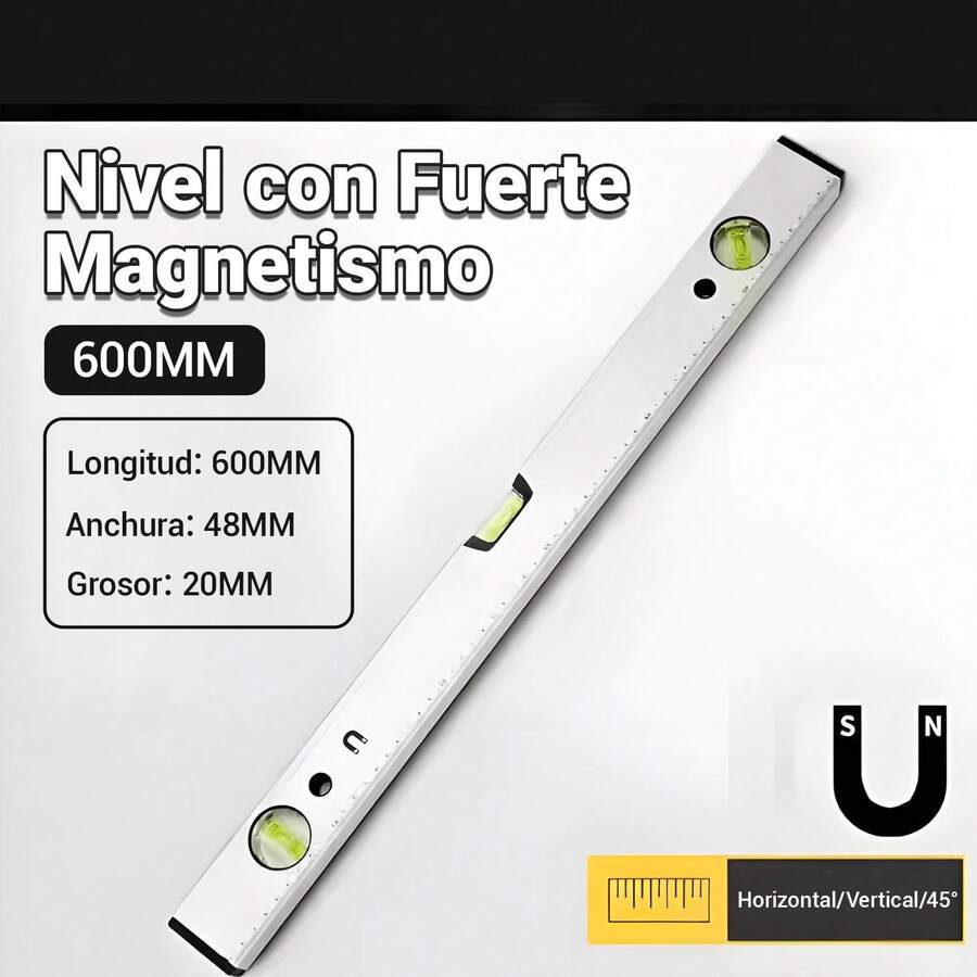 Nivel magnético de aleación de aluminio de 600 mm, medición de precisión triangular/vertical/horizontal - Blanco - Ver 1