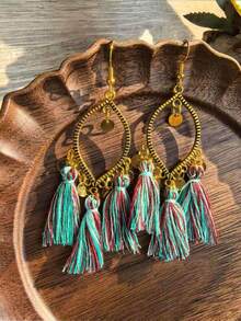 Retro Bohemian Round Tassel Long Earrings, New Vacation Style Textured Metal Earrings For Women - Bohemia - View 1