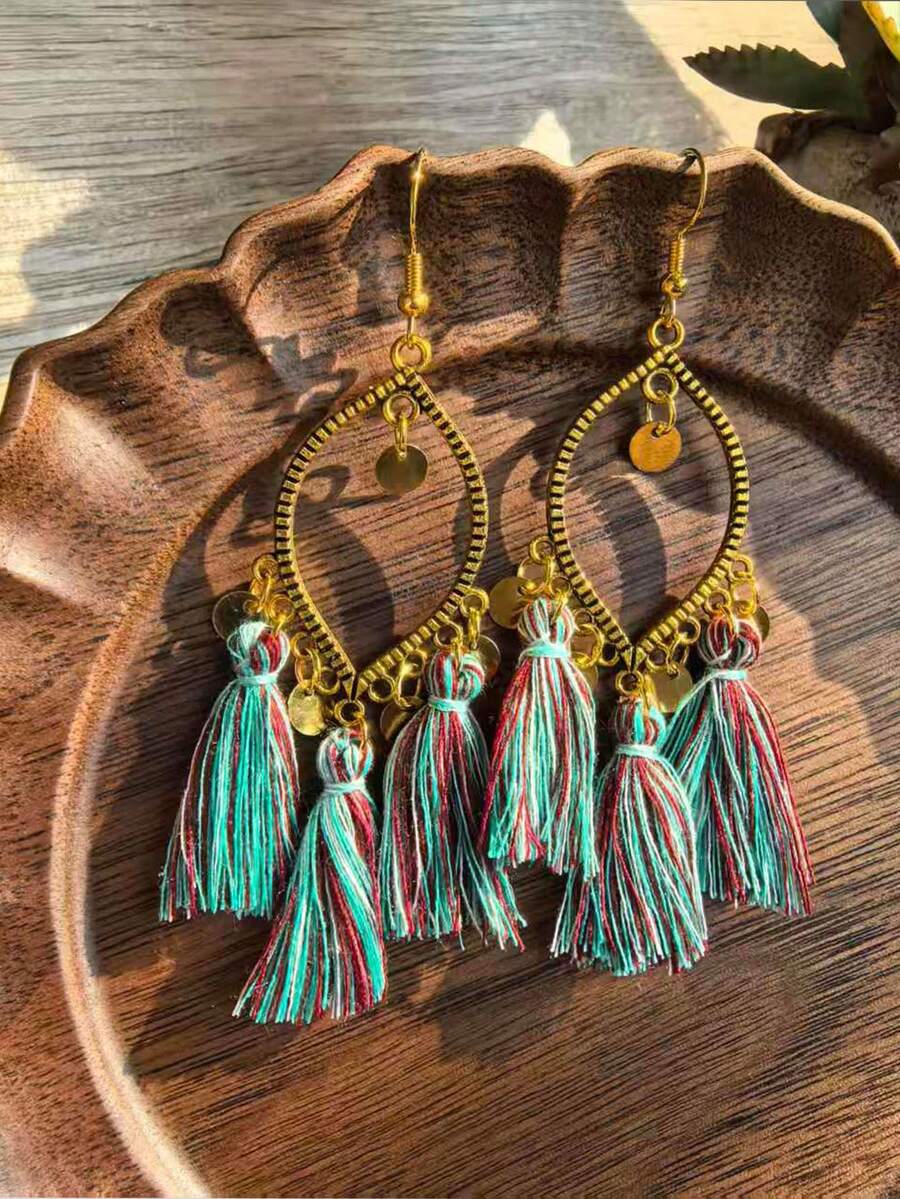 Retro Bohemian Round Tassel Long Earrings, New Vacation Style Textured Metal Earrings For Women - Bohemia - View 1