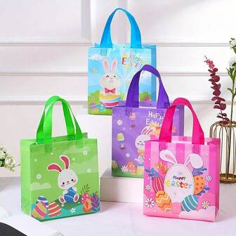 12 piezas Bolsas de regalo de Pascua, Bolsas de caramelos de Pascua con asas, Bolsas de caramelos de Pascua reutilizables, Bolsas de tela no tejida con diseño de conejito, Adecuado para recuerdos de fiesta de Pascua