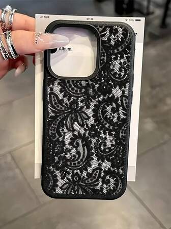1 Stück schwarze Spitzenblumen-Textur matte Anti-Sturz TPU modische Handyhülle kompatibel mit iPhone 16, 15, 14, 13, 12, 11, 17 Pro Max