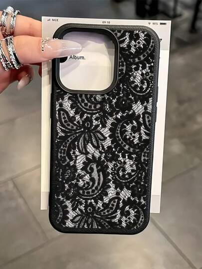 1 stuk zwarte, matte, anti-val TPU-hoes met kant en bloemenmotief, geschikt voor iPhone 16, 15, 14, 13, 12, 11, 17 Pro Max