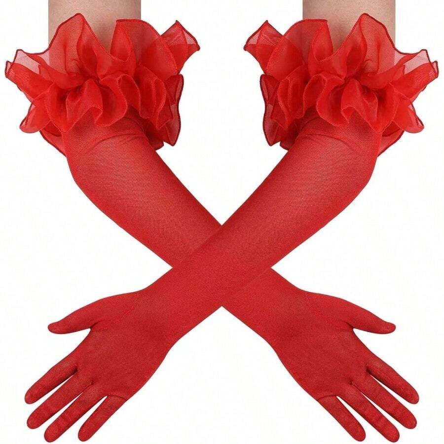 Women's Long Puff Sleeve Oversize Ruffle Cuff Sheer Gloves Tulle Mesh Gloves Wedding Opera Party Costume Gloves - 紅色 - 查看 1