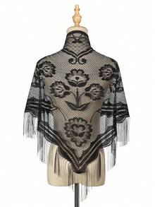 1 chiếc khăn voan cô dâu ren với viền hoa, áo choàng vai khoét rỗng. - màu đen - Xem 4