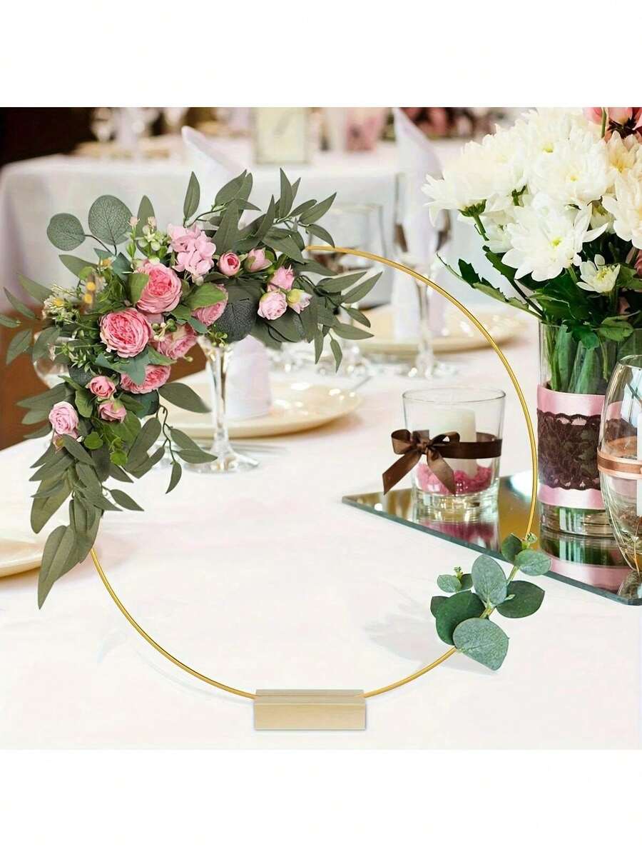 2/10pcs Gold Metal Wreath Center Decor Set, Includes 1/5pcs Wooden Stand And 1/5pcs Gold Metal Wreath Center Decor - Ideal For Wedding Decoration, Home Decor, Room Decor, Birthday Decoration And Party Supplies - Gold - View 1