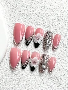 10pcs Shiny Crystal Nail Art Stickers Set, Nude Pink Base Adhesive Nail Decals, Flower Shaped Nail Jewelry, Heart Nail Decorations, Black Gel Nail Polish, Elegant & Luxurious, 3 Sizes Available: Almond, Duck Mouth, Coffin Nail Shapes, Includes Tool Kit (1pc Jelly Sticker + 1pc Nail File), Suitable For Women & Girls, Party & Daily Wear Nail Accessories Nails Nail Supplies - Nhiều màu - Xem 11