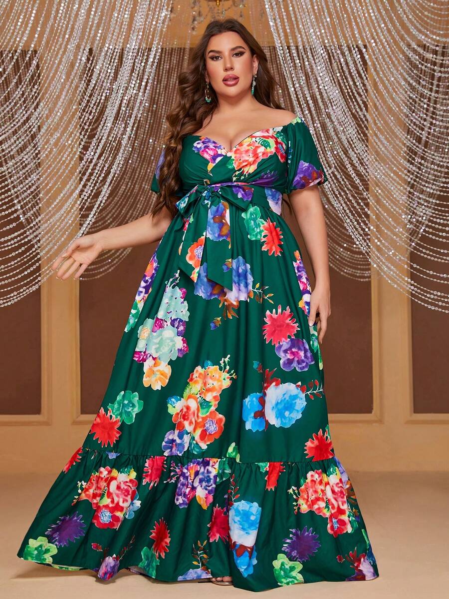 YISIKADO Women Plus Size Elegant Chiffon Maxi Dress With Off The Shoulder And Short Sleeves Floral Print Belted Ruffle Hem Flared Summer Formal Evening Dress - Dark Green - View 1