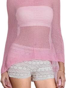 Women Sheer Knit Crochet Poncho Top Mesh Off Shoulder Shrug Summer Asymmetrical Shawl See Through Bolero Cover Up Tops - 粉色 - 查看 4