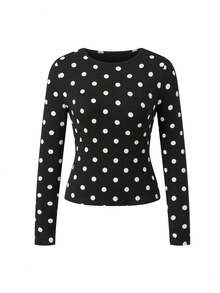 Polka Dot Tops For Women Y2K Long Short Sleeve Tee Crop Top Vintage Cute Slim Fit Crew Neck Shirt Going Out Streetwear - màu đen - Xem 5