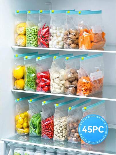 45pcs Reusable Airtight Food Storage Bags (10 Large, 15 Medium, 20 Small), Thick Freezer Bags, Microwave , Blue, For Long-Term Food Preservation And Organization, Transparent PE Zipper Bags, Suitable For Kitchen Food Categorization, Snack Storage, Fruit And Vegetable Sorting, Ensuring Freshness, Essential Home Storage Bags