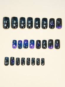 Instantly Upgrade Your Look With 24pcs Medium Square Nails Press On Elegant Black Blue Gradient With White Stars And Purple Galaxy Nails Fashionable White Starlight With Black Galaxy Starry Sky Fake Nails Y2K Full Coverage Fake Nail Tips For Women And Girls Includes Nail Salon With 1 Piece Of Jelly Gel And 1 File Stri Jelly Gel Random Shipment - Purple - View 2