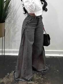 Womens Loose Wide Leg Flare Jeans Side Wide Design High Waist Comfort Denim Pants  Casual Fashion Vintage Style Plus Size Stretchy Soft Material Classic Blue Black Washed Distressed Lightweight Breathable Skinny Bootcut Retro Chic Streetwear Everyday Wear Staple Wardrobe Essential Must Have Popular Best Seller Top Rated (Non-Stretch ) - 灰色 - 查看 3