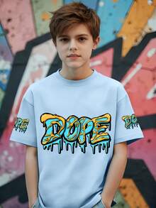 Áo nỉ tay ngắn cổ tròn in chữ "DOPE" cho bé trai tuổi teen, trang phục mới mùa xuân/hè cho trẻ em. - Màu xanh nhạt - Xem 4