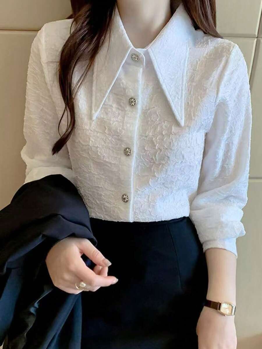 French Pointed Collar Blouse For Women, Spring & Autumn New Arrivals, Pleated Design Textured Undershirt, High-End Long Sleeve Top White - White - View 1
