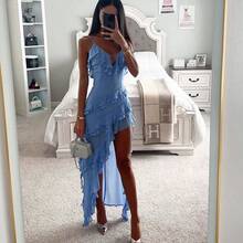Sexy Spaghetti Strap Irregular Solid Color Dress/Gown.Vacation Style Long/Midi Length Ruffled Beach Dress, Solid Color A-Line Dress, Sexy Spaghetti Strap Irregular Dress For Summer - 天藍色 - 查看 4