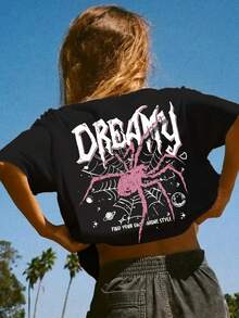 Camiseta de cuello redondo con estampado de araña de dibujos animados, top casual suave de estilo Y2K para primavera/verano - Negro - Ver 3