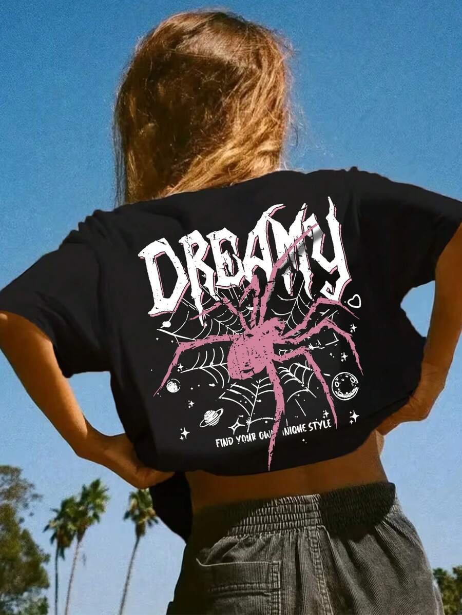 少女卡通蜘蛛印花圆领T恤，休闲Y2K风格柔软上衣，适合春夏穿着 - 黑色 - 查看 1