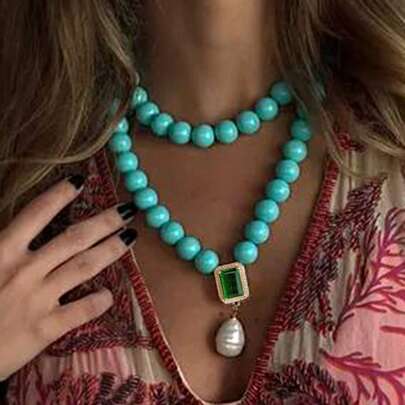 manbara Dây chuyền vuông đính đá Amazonite tự nhiên 2026 INS, kiểu dáng thời trang, đính sỏi và đá màu ngọc lam. Mặt dây chuyền hình giọt nước họa tiết hình học, hạt ngọc lam xanh dương phong cách Boho cổ điển.