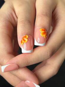 10pcs Short Square Handmade Press-On Nails, Pink Base, White French Tips, 3D Yellow Flower Carving, Simple And Cute Acrylic Nails, Suitable For Girls And Ladies' Daily, Date, Vacation, And School Nail Decorations. Includes Jelly Gel And Nail File. - Multicolor - View 5