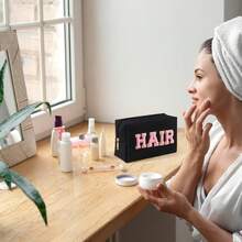 MAGEFY Small Makeup Bag For Purse Corduroy Makeup Bag For Women Makeup Pouch With Compartments (Black, HAIR) - 黑髮 - 查看 7