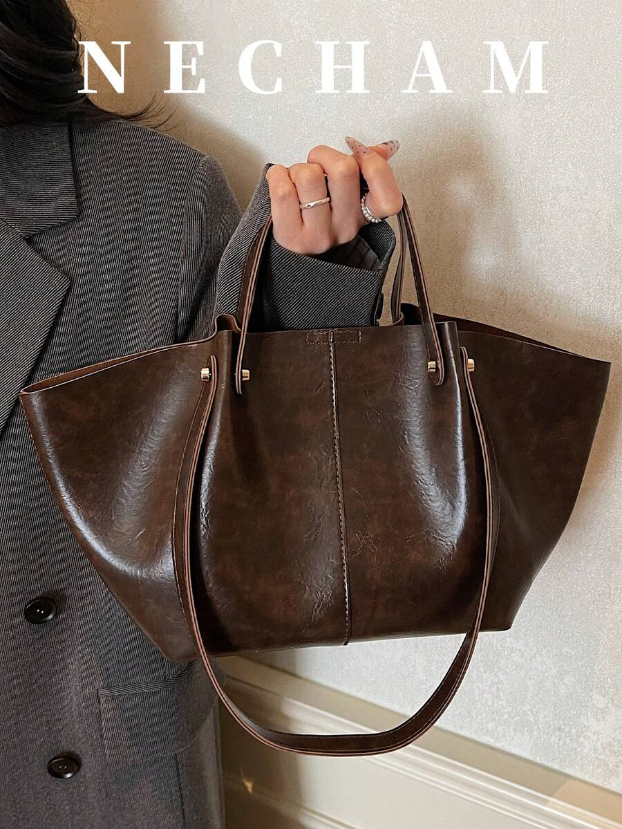 1个新款韩版褶皱单肩包，大容量手提包，轻便奢华复古优雅托特包，多功能腋下包，高端时尚单肩包，购物袋，工作包，小众法式设计 - 咖啡 - 查看 1