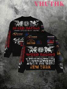 VHUTHK (250g Pure Polyester Round Neck Pullover Sweater) Y2K Double Sided Digital Printing, Filament Effect  Y2K Men's Round Neck Sweater In Autumn And Winter. - Black - View 1