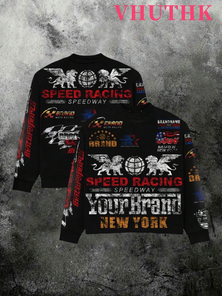 VHUTHK (250g Pure Polyester Round Neck Pullover Sweater) Y2K Double Sided Digital Printing, Filament Effect  Y2K Men's Round Neck Sweater In Autumn And Winter. - Black - View 1