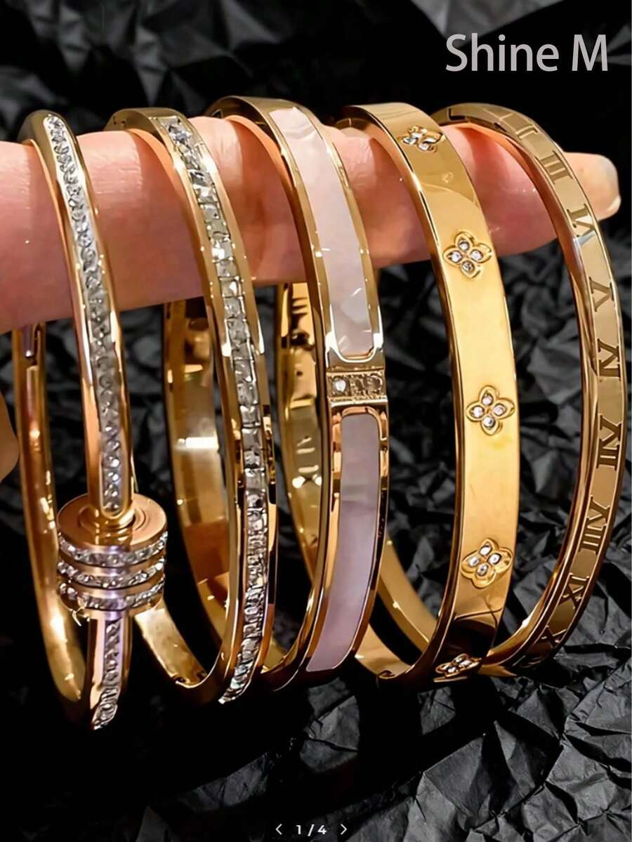 Set de 5 piezas de pulsera de acero inoxidable con números romanos personalizados, flores y diseño giratorio para alivio del estrés para hombres, diseño único, versátil y de moda, con múltiples elementos, un regalo exquisito e ideal, accesorio resistente y elegante - Dorado - Ver 1