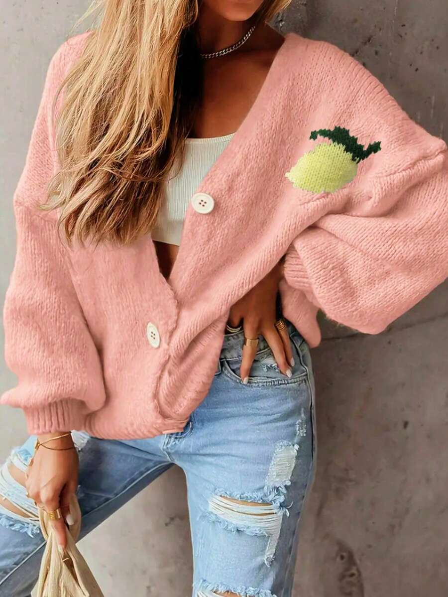 Damen Loose V-Ausschnitt Strickjacke, Zitronen Muster Design, weiches und warmes Material, modische Laternärmel Langarm Strickjacke, Polyester, gerippter Knopfverschluss Pullover - Essentiell für Herbst/Winter und Neujahr Rosa - Pink - Übersicht 1