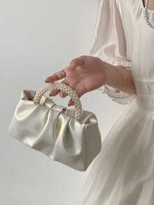 优雅褶皱时尚简约高端仿珍珠云朵斜挎包/手提包，百搭情人节礼物，仿珍珠包 - 米色 - 查看 3