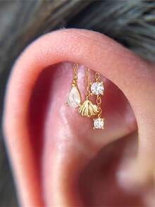 EleRunis 1PC 925 Sterling Silver Asymmetric Tassel Flat Back Cartilage Helix Piercing Fine Jewelry For Daily Wear Wedding Party Engagement Anniversary Valentine's Day - Gold - View 4