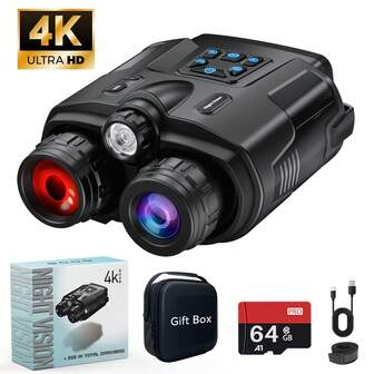 4K夜视双筒望远镜带手电筒 - 适用于照明、辅助照明和信号传输，辅助露营、狩猎；配备10000mAh快充电池、3英寸大屏幕、8倍数码变焦、64GB内存，可存储照片、地图和视频；是户外爱好者、露营爱好者等的完美独特礼物。