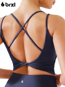 BRXL Womens Twist Back Sports Bra Buttery Soft Low Impact Yoga Bra Removable Pads Scoop Neck Crop Top Pilates Lounge - 藍色 - 查看 1