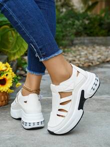 Hollow Breathable Women's Thick Sole Casual Sneakers, Fashionable Minimalist Slip-On Sandals, Suitable For Spring/Summer Casual, Commuting And Walking - White - View 3