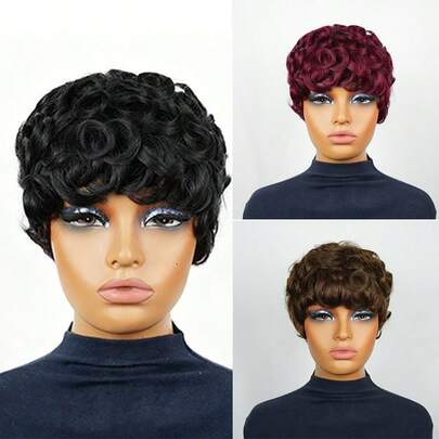 巴西真人发假发，无胶精灵短发 - 自然黑色卷发，蓬松发型，适合女性和男女，休闲装扮，无需胶水即可佩戴/拆卸