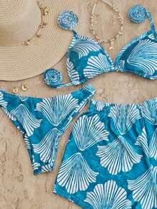 Printed Bikini Set, 3 Pieces, Shorts-Bottom-Top, Beach Bikini, Women's Clothing, Beachwear, Beach Set, Bikini Set, Women's Clothing - màu xanh lá - Xem 2