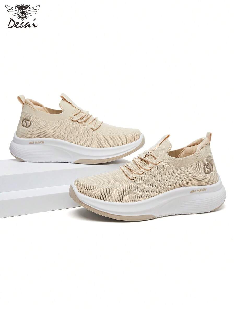 DESAI Women's Classic Fashion Sneakers, Thick Sole Wedge Heel Increase Height, Letter Design Casual Shoes, Breathable Shock Absorbing Elastic Band Slip-On Outdoor Shoes - Beige - View 1