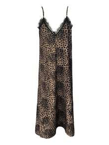Women's Fashionable Summer Beach Vacation Sexy Elegant Retro Design Lace Patchwork Leopard Print Slip Dress - Multicolor - View 7