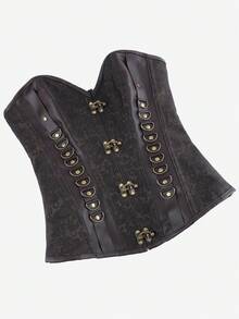 哥特式无肩带蒸汽朋克束身胸衣，深棕色纹理腰带，饰有复古金属扣，复古修身胸衣 - 棕色 - 查看 4