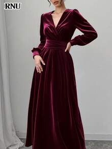 RNU Đầm maxi nhung màu đỏ tía trơn dành cho nữ, cổ chữ V, thiết kế thắt eo, trang phục thanh lịch cho phái nữ, đầm dạ hội thu/đông, thích hợp cho tiệc tùng, hẹn hò, kỳ nghỉ, các dịp thường ngày, đầm maxi xếp ly, đầm sinh nhật màu đỏ, trang phục mùa đông, thời trang đa năng, thiết kế độc đáo, đầm ngày lễ tình nhân, trang phục lễ hội, đầm dài năm mới, đầm maxi dài tay dáng chữ A duyên dáng dành cho khách dự đám cưới, mùa xuân/hè. - Màu đỏ tím - Xem 7