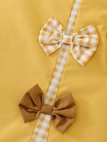Young Girls Summer New Girls Solid Color 3D Bow Decor Patchwork Plaid Casual Gigot Sleeve Dress - Yellow - View 8